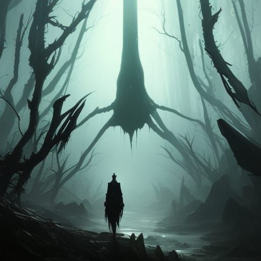 Eerie Silhouette Creature in Dark Fantasy Landscape