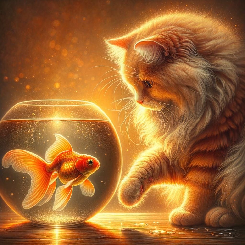 Whimsical Cat Dips Paw in Goldfish Bowl
