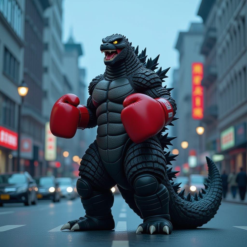 Godzilla in Boxing Gloves, Cinematic City Kaiju Scene