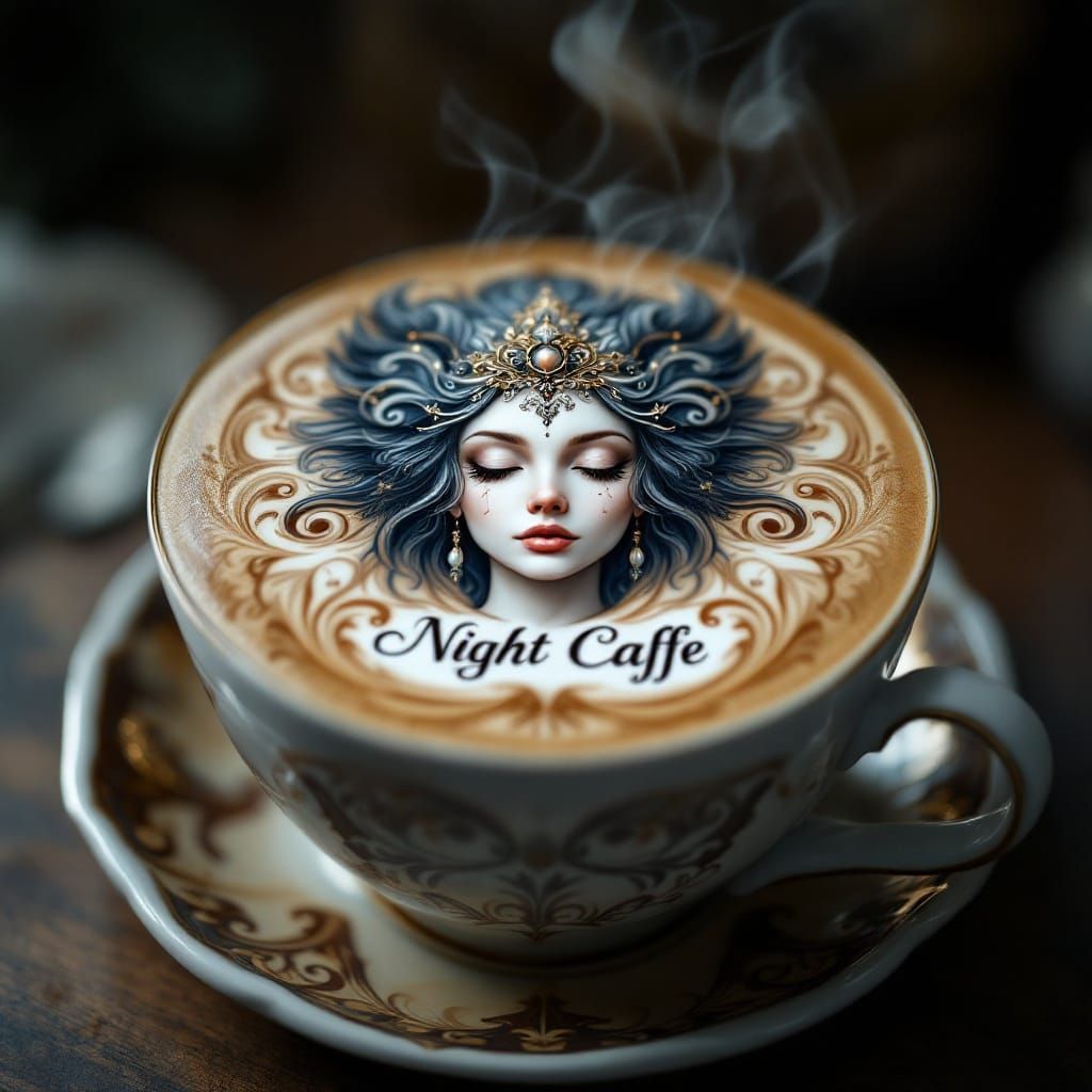Elegant Latte Art Portrait with Night Caffe Text and Intrica...
