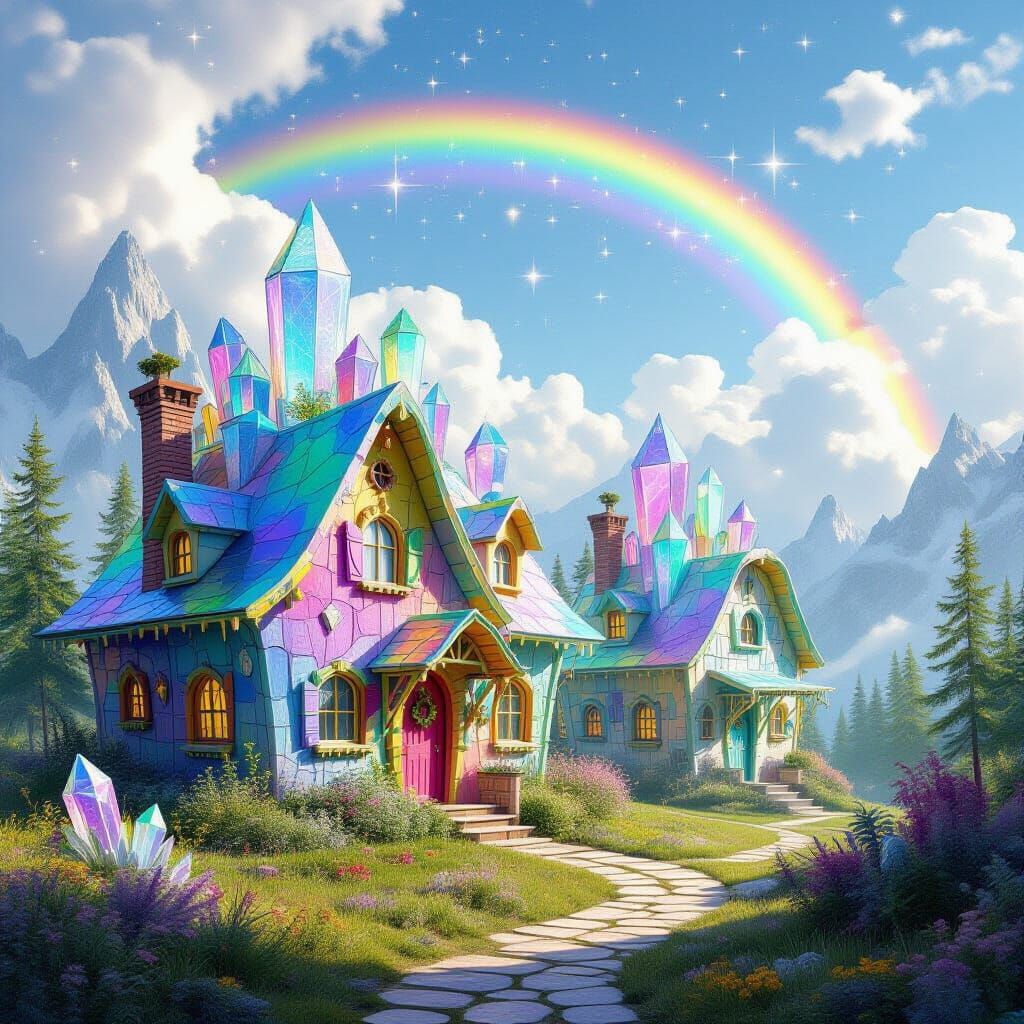 Magical Primitivism with Crystal Houses under Rainbow Sky