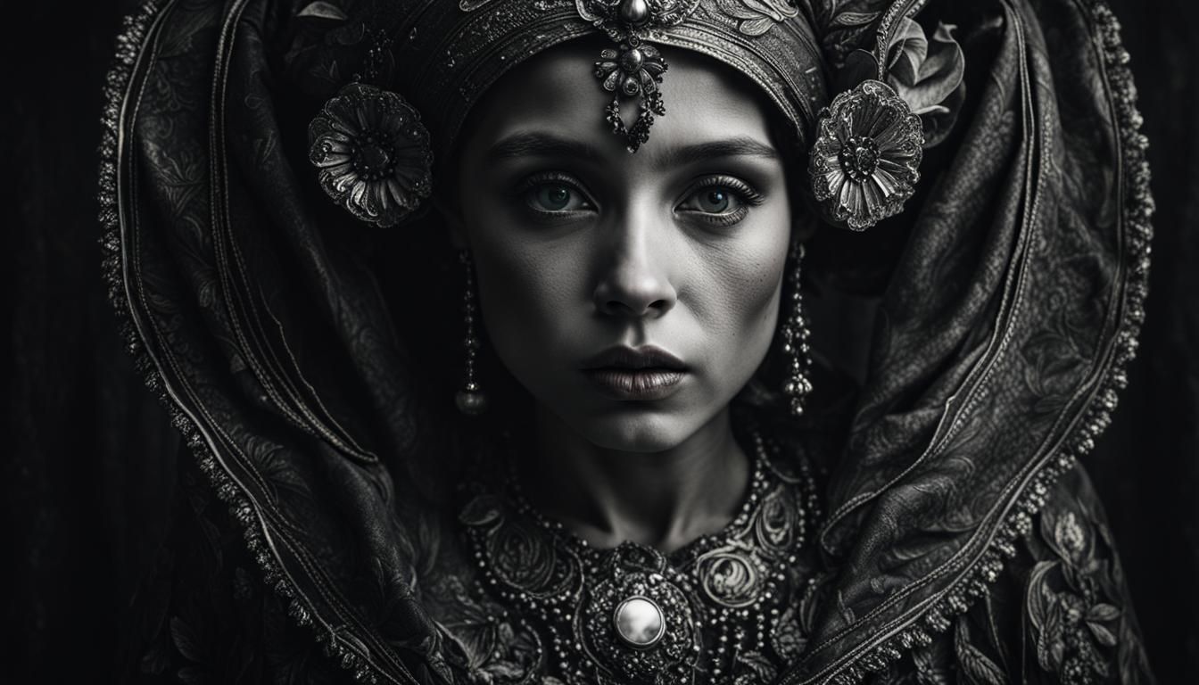 Art Nouveau Portrait in Black and White Ink