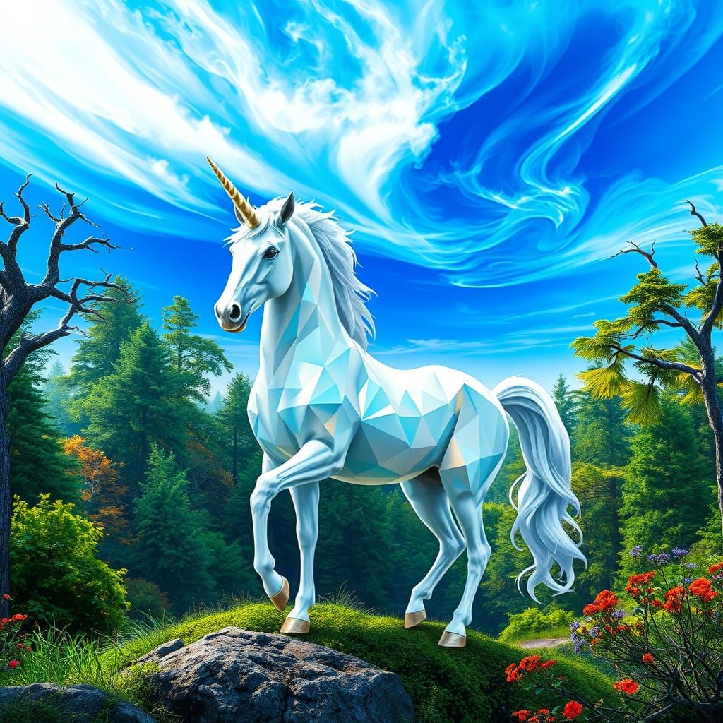 Ethereal Unicorn Formed from Geometric Patterns in Vibrant F...