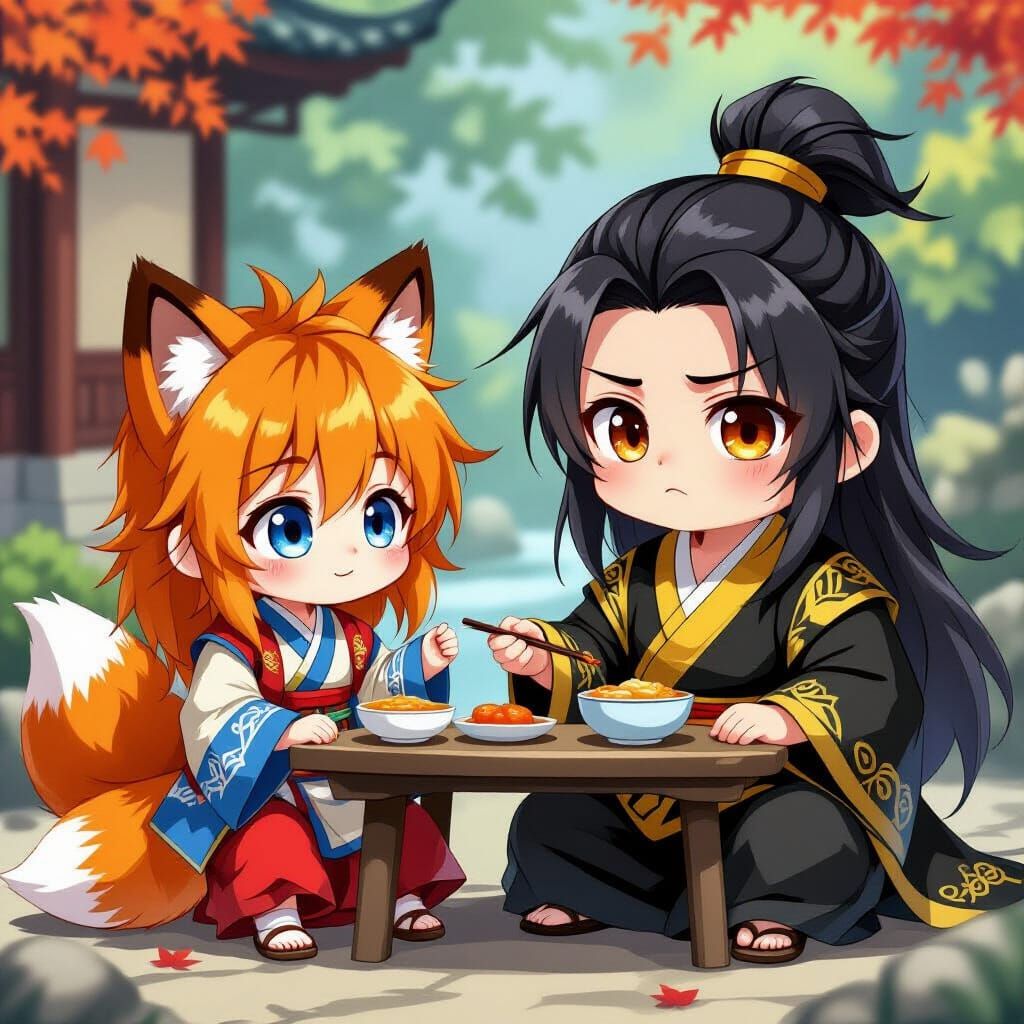 Two Manga Children Eating Chinese Pastries