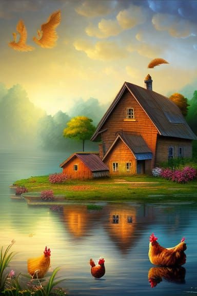 Picturesque Farmhouse Surrounded by Chickens: Digital Art