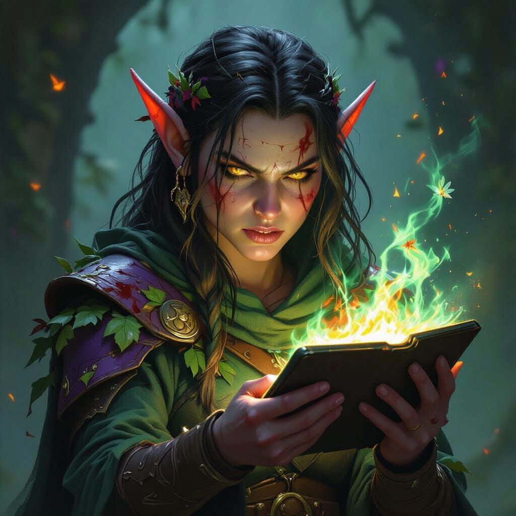 Elf Druid Casts Fire Spell With Tablet