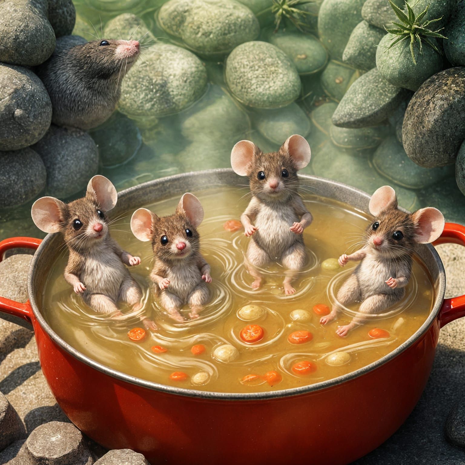 Mice Family Swimming in Tomato Soup: Hyperrealistic
