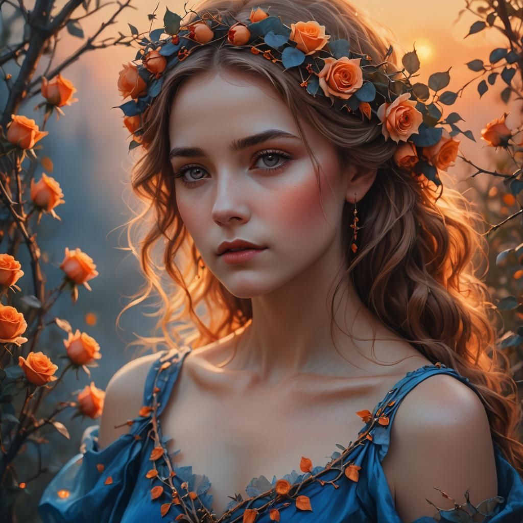 Woman with Roses and Thorns in Ethereal Light