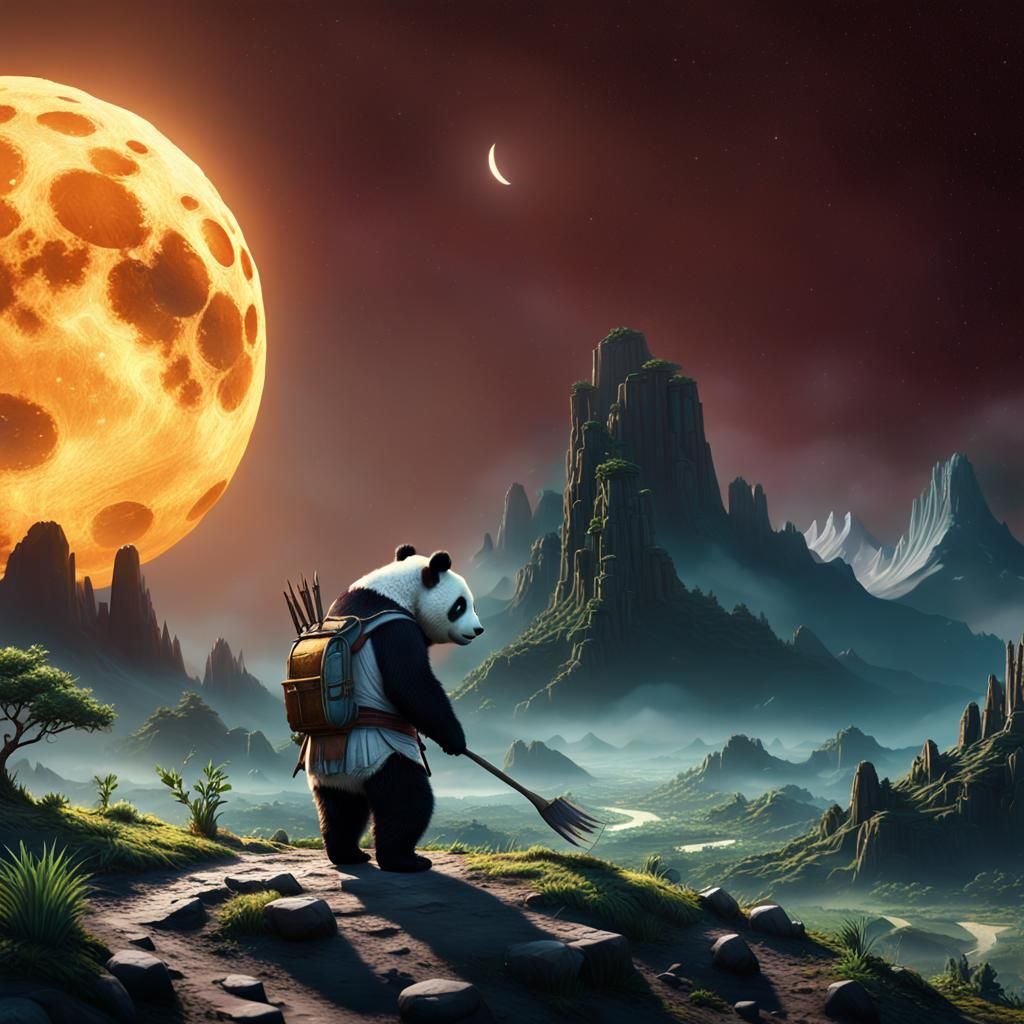 Panda Chef Walks on Moon, Earth in Distance
