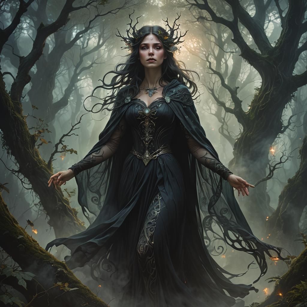Mystical Fairy Witch in Dark Fantasy Forest