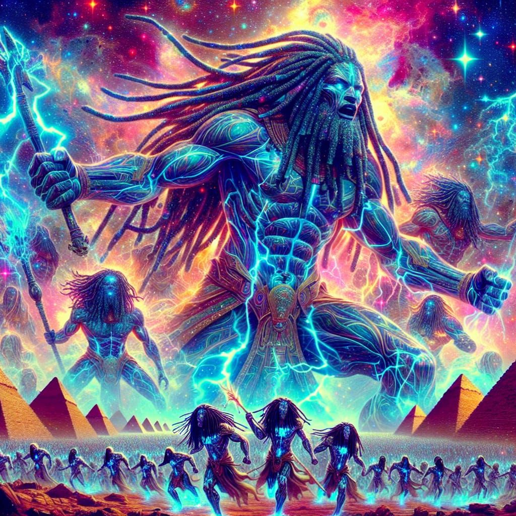 Egyptian Black Titan Superheroes: Holographic Cosmic Illustr...