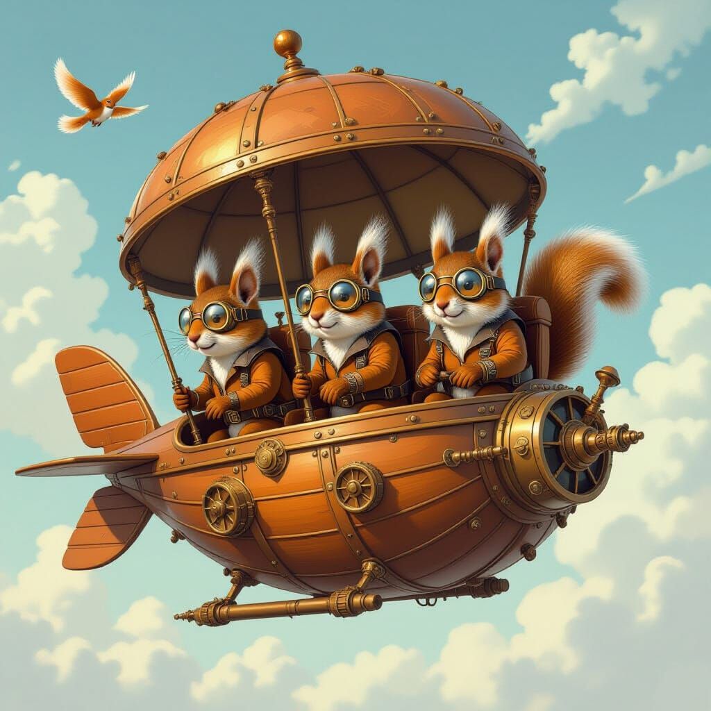Squirrels Pilot Acorn Airship in Steampunk Style