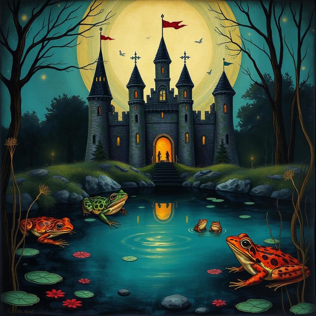 Fairytale Castle Scene with Frogs in Translucent Colors