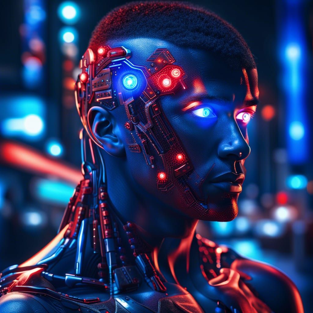 Hyperrealistic Cyborg in a Night Cityscape
