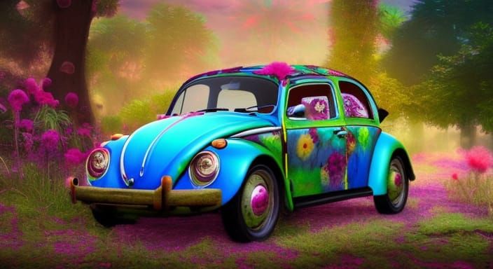 Whimsical Floral VW Beetle in Detailed Matte Painting