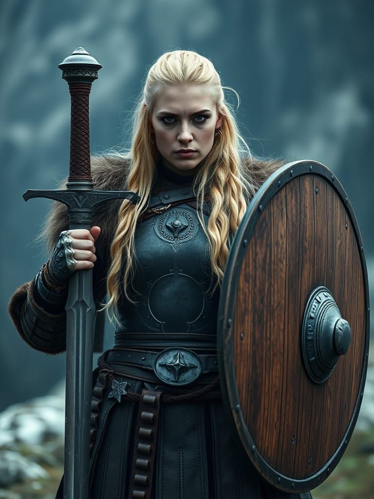 Viking Warrior Woman in Nordic Armor, Valhalla Backdrop