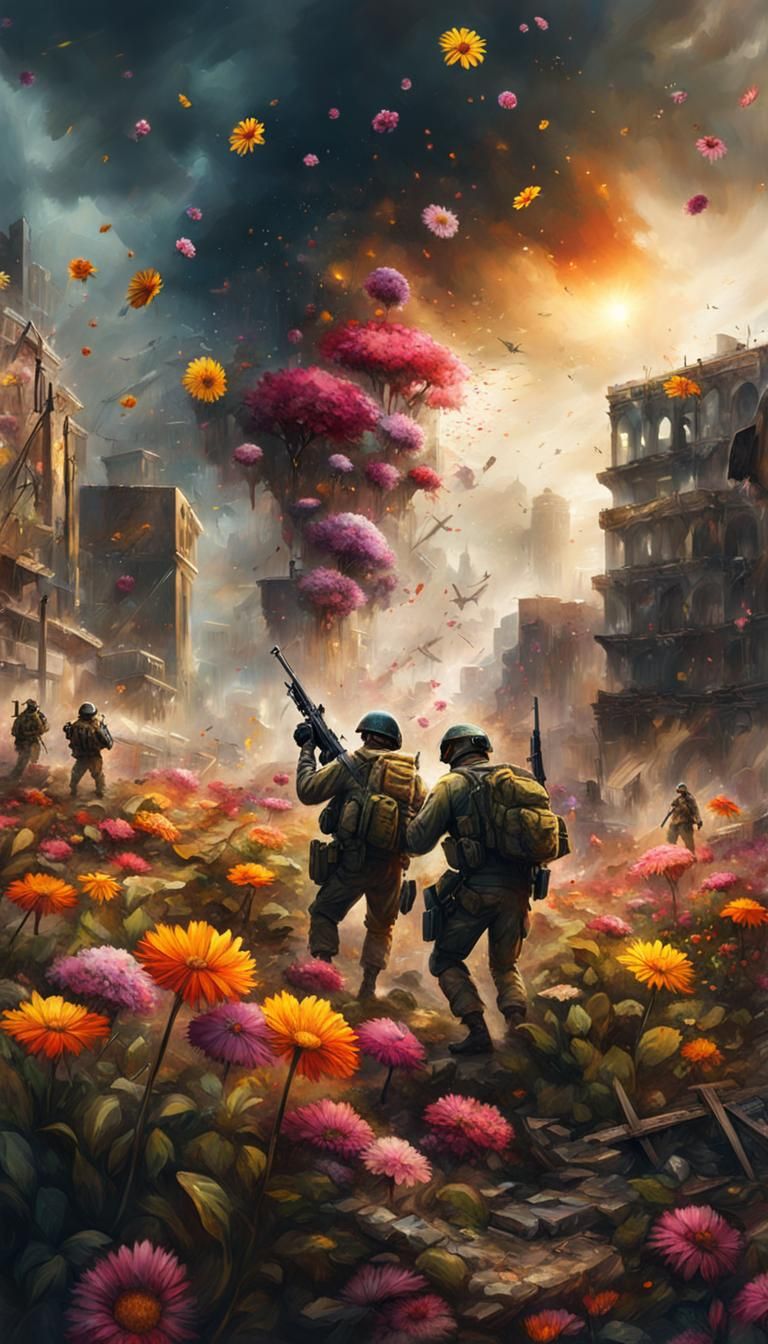 Post-Apocalyptic Flower War: Realistic Oil Painting