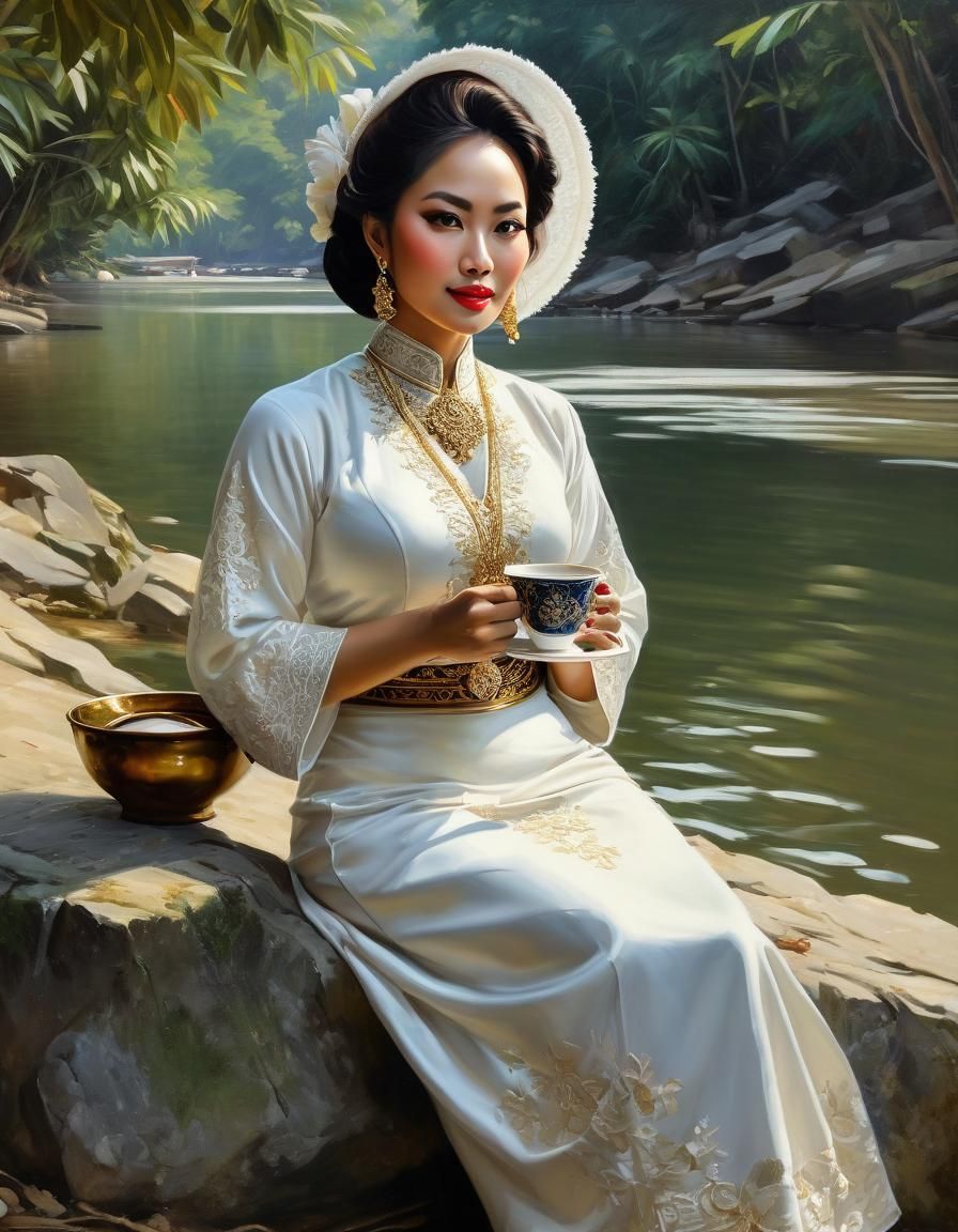 Malaysian Woman Enjoying Coffee: Oil Painting Portrait