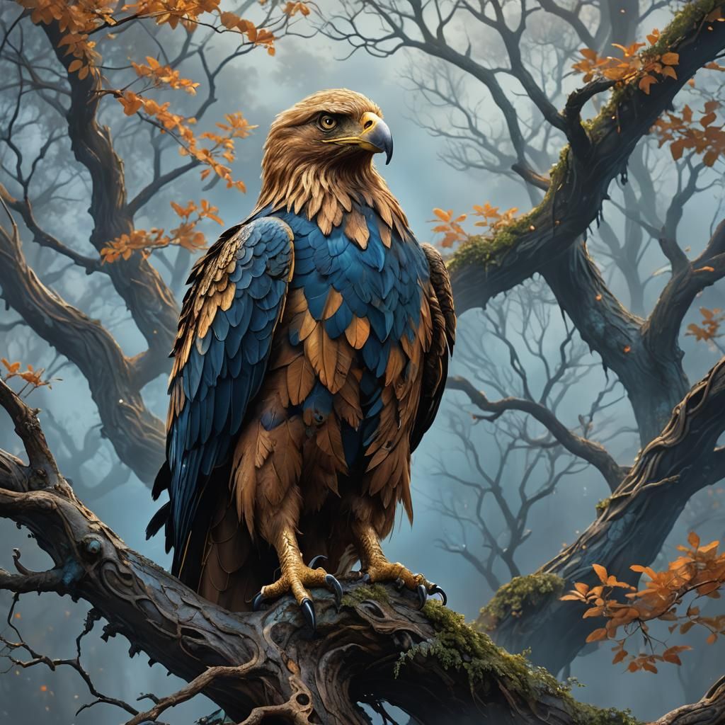 Golden Eagle Perched on Mystical Tree in Fantasy Art