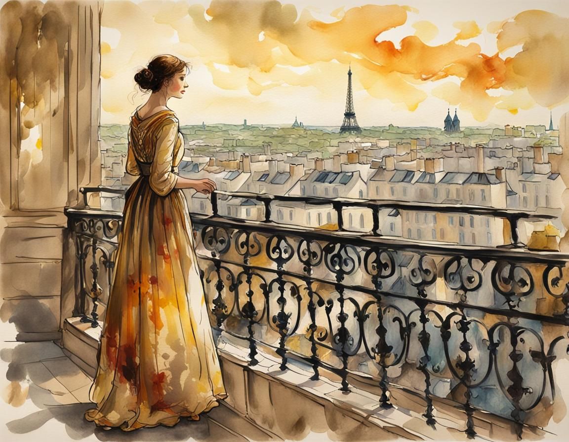 Parisian Balcony Scene in Impasto Gouache