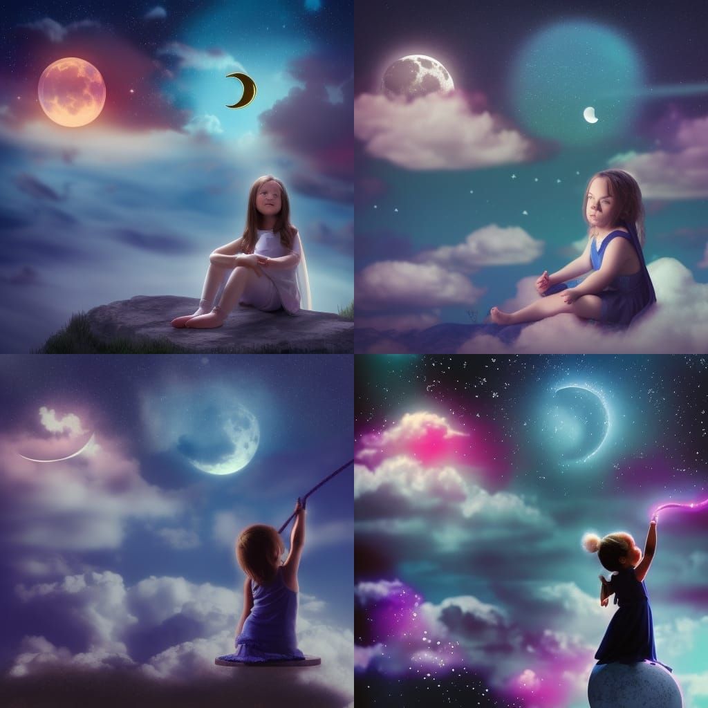 Angel Girl on Moon in Starry Night Sky
