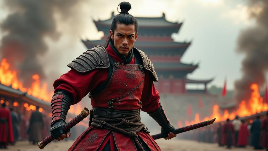 Oriental Warrior in Burning Temple