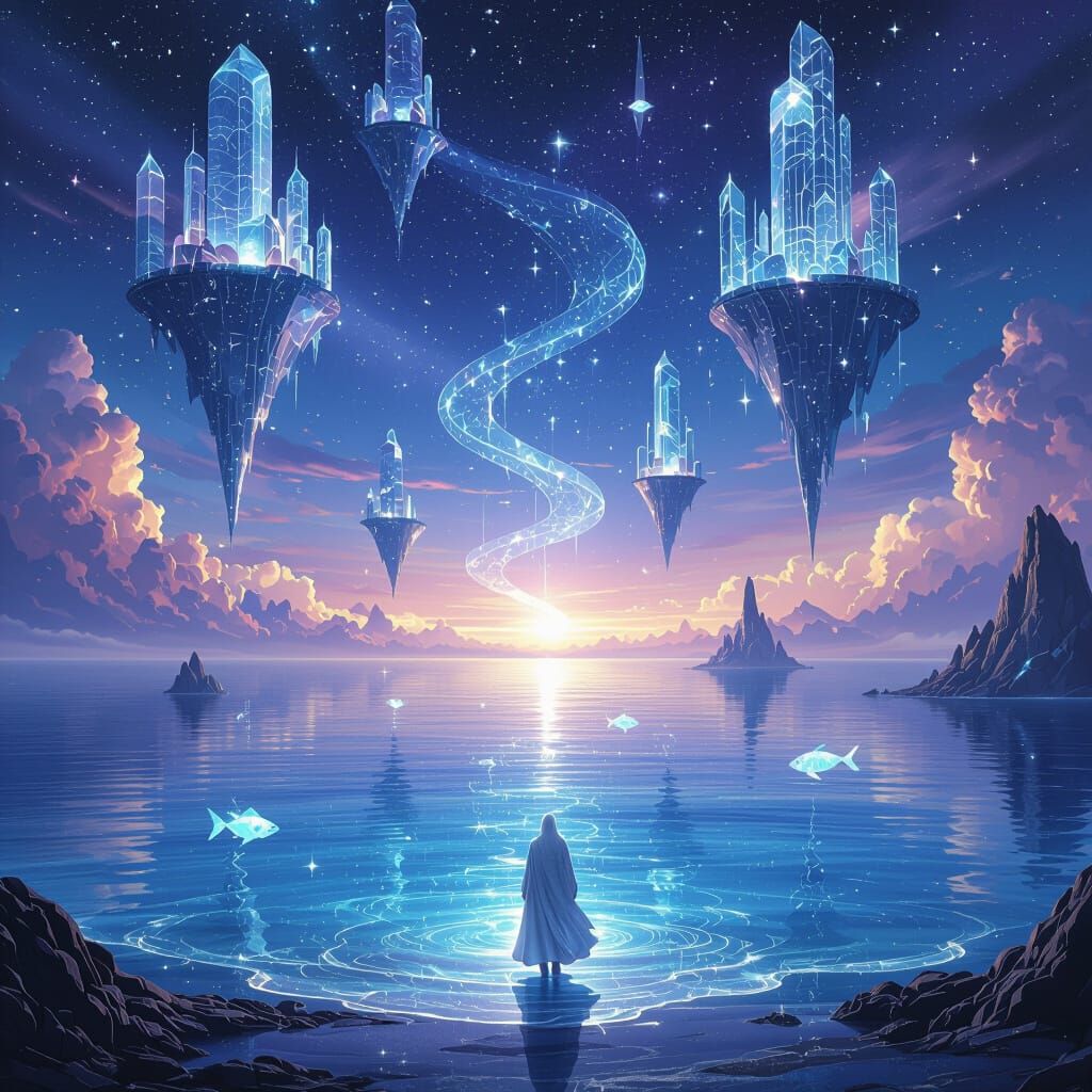 Surreal Dreamscape with Crystalline Ocean and Floating Islan...