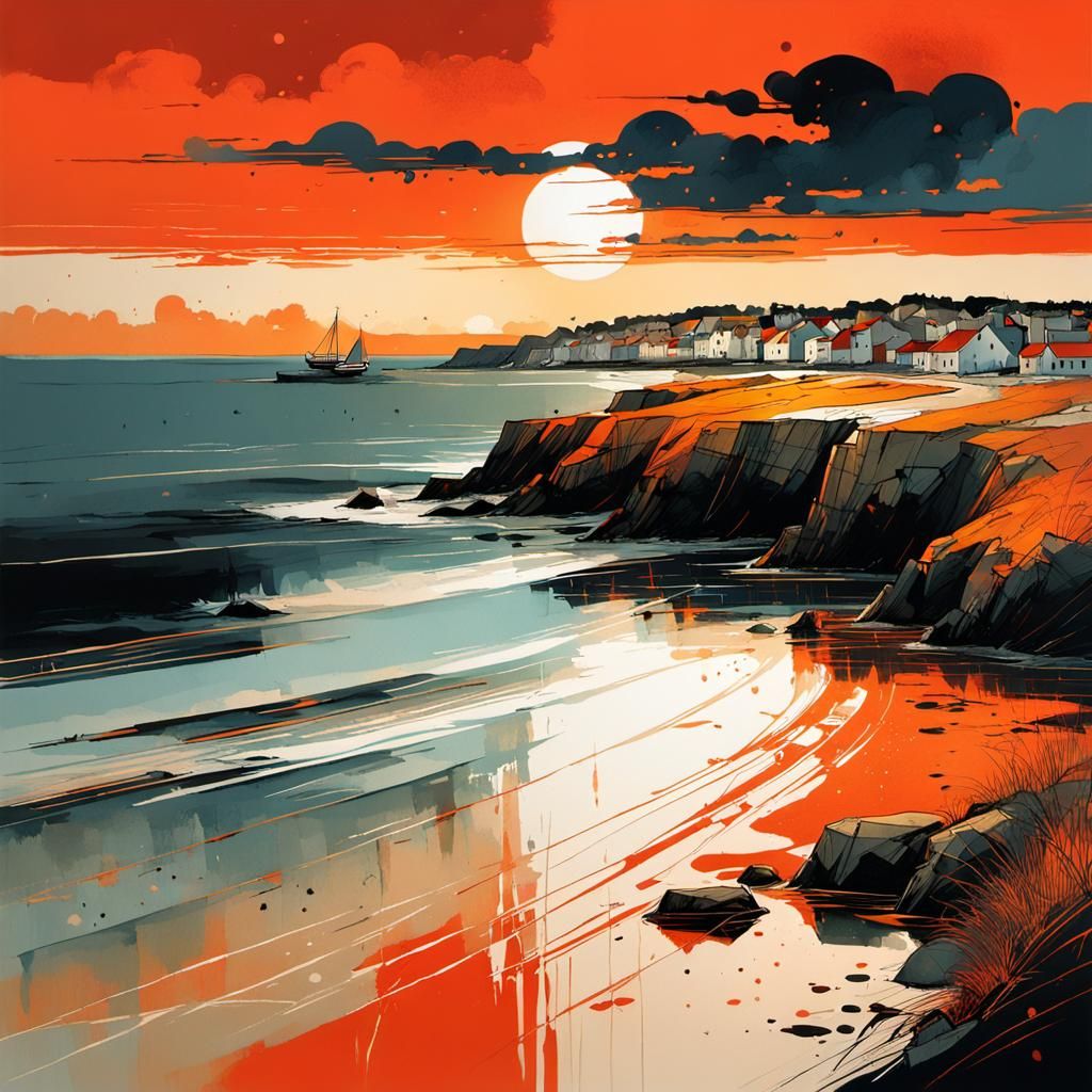 Roscoff Beach Sunset in Sumi-e Style