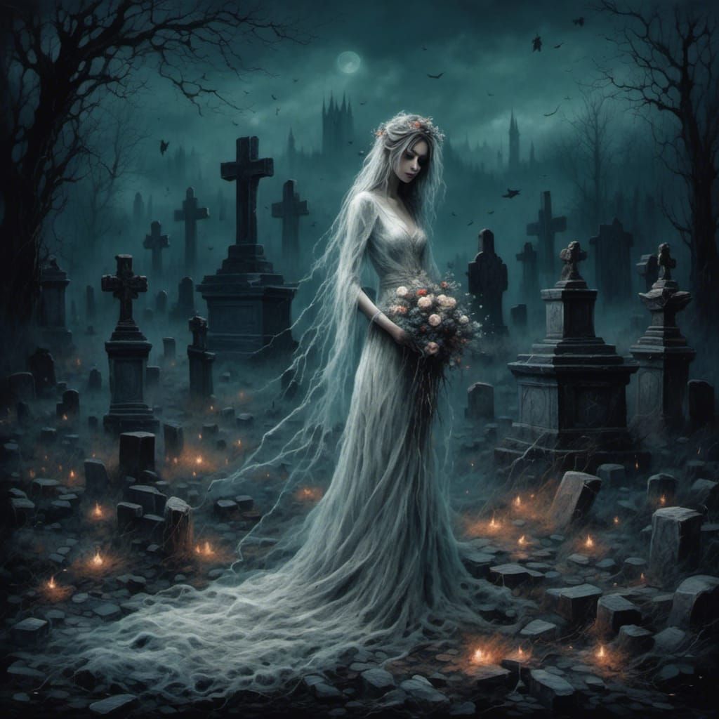 Ethereal Ghost Bride in Graveyard at Night