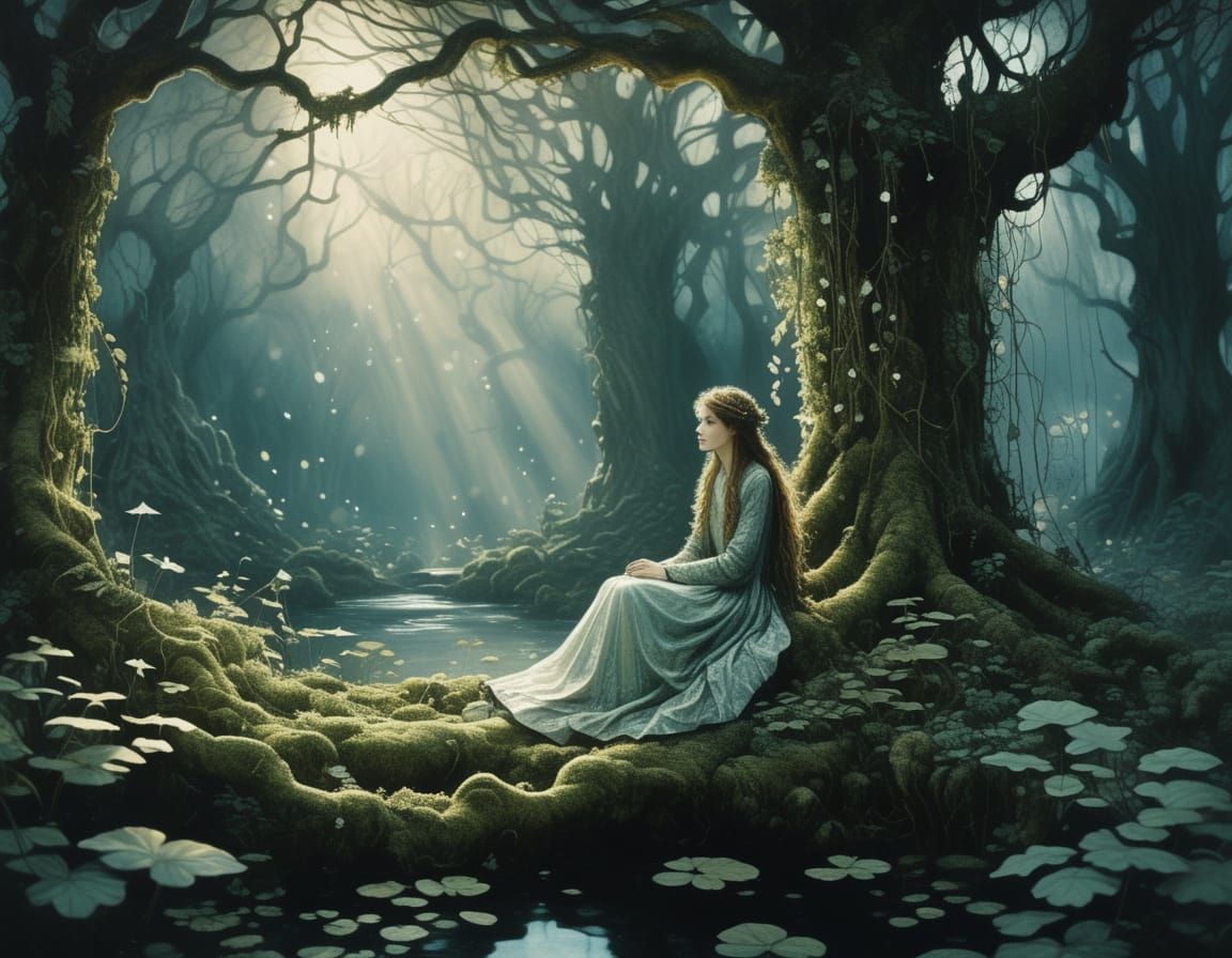 Ethereal Woman Floats Through Enchanted Forest Ruins