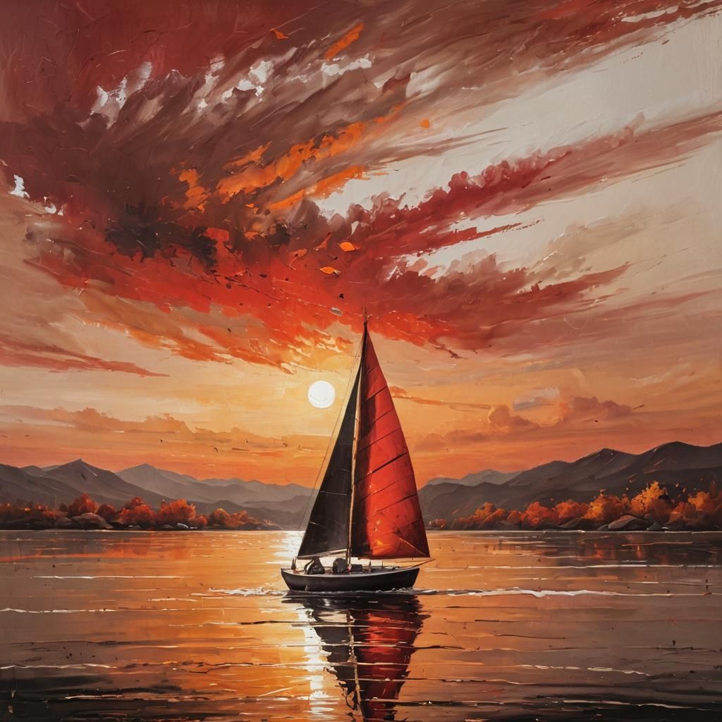 Lone Sailboat at Sunset: Rough Oil Painting