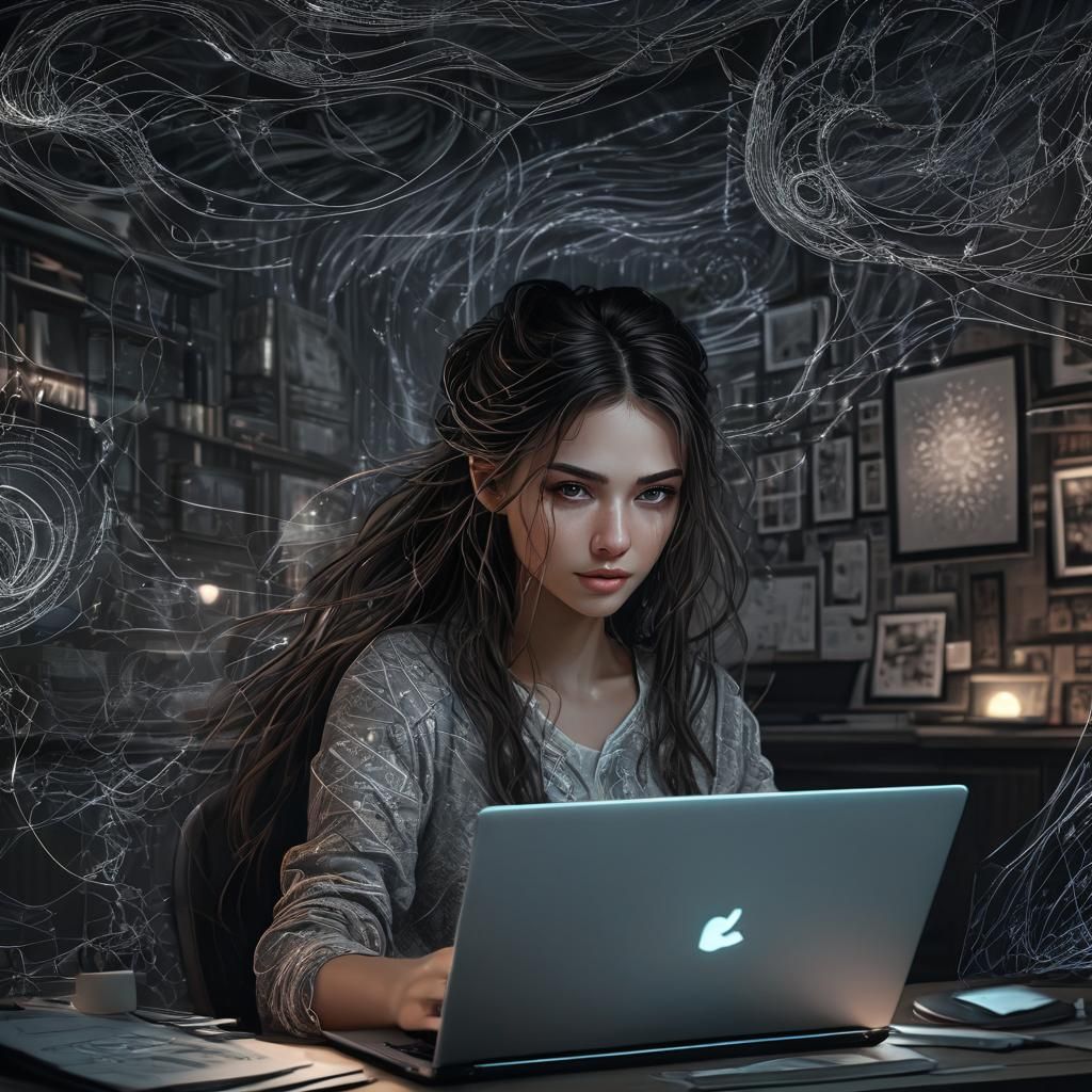 Brunette Girl Working at Laptop: Dark Fantasy Art