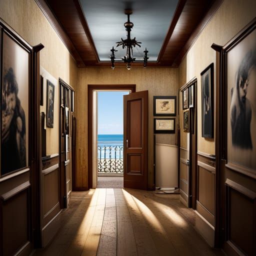 Creepy Hotel Hallway with Antique Frames, Professional Photo...