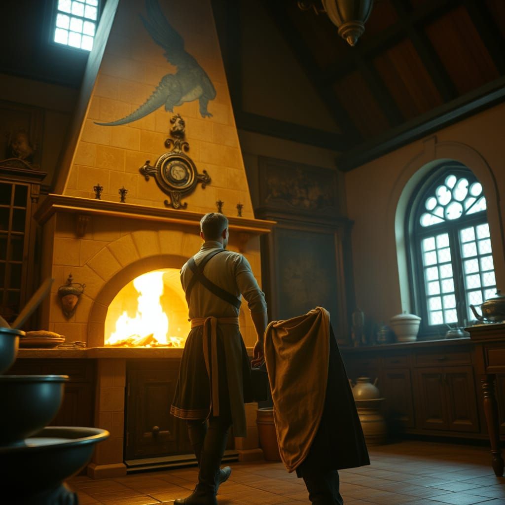 Dragonborn Ignites Bread Oven in Ornate Kitchen