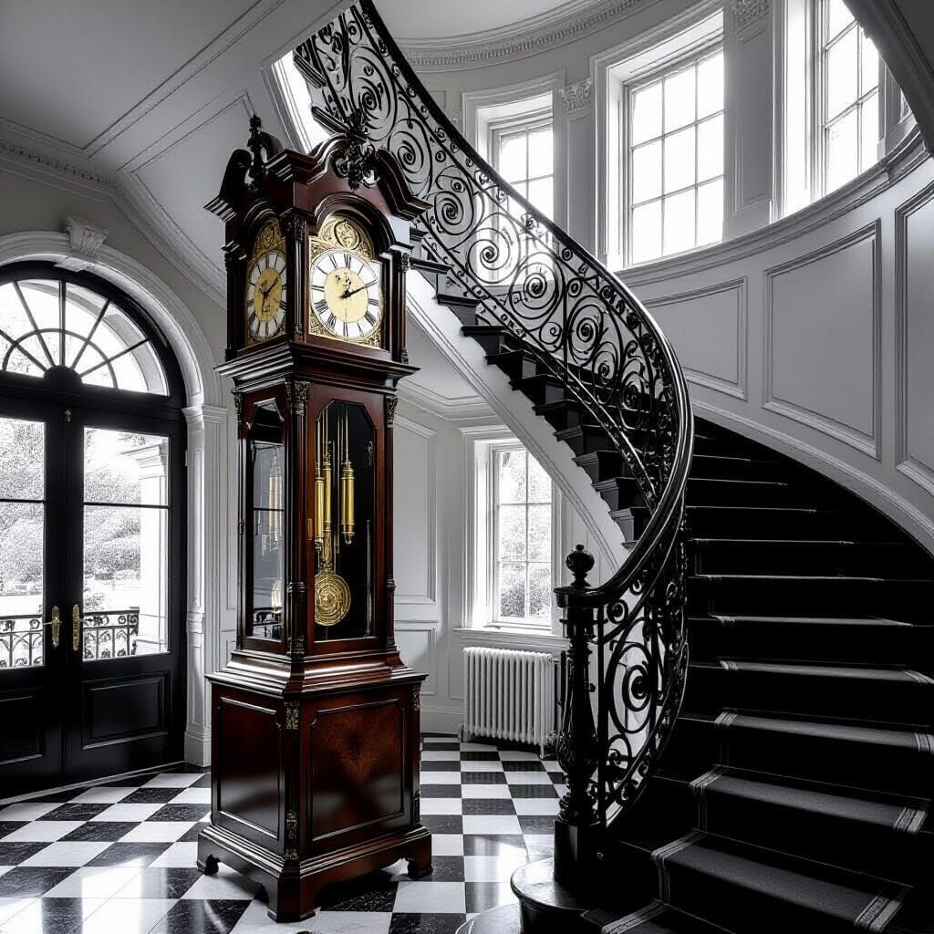 Grandfather Clock by Ornate Spiral Staircase to Airy Loft
