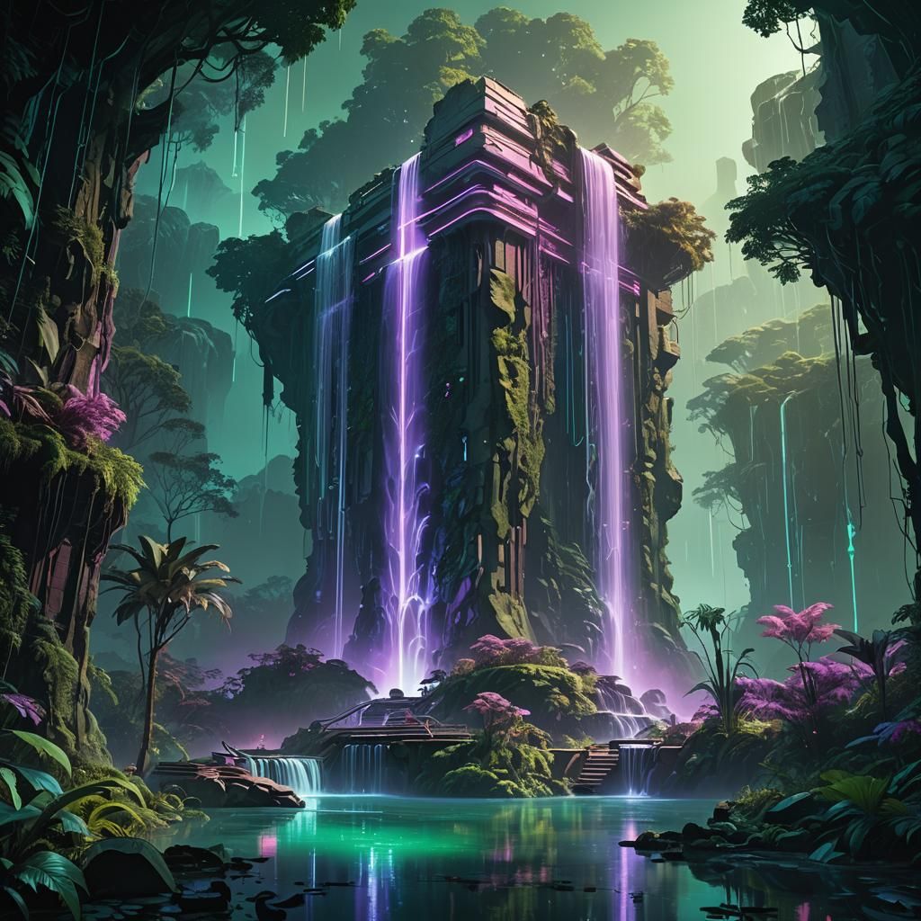 Futuristic Waterfall with Neon Lights, Digital Matte Paintin...