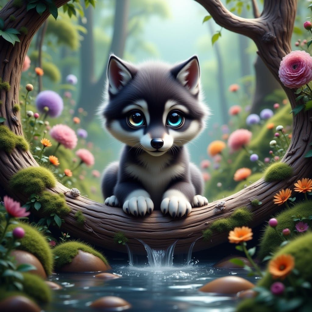 Whimsical Baby Wolf Pup Slides Down a Log Water Slide in a F...