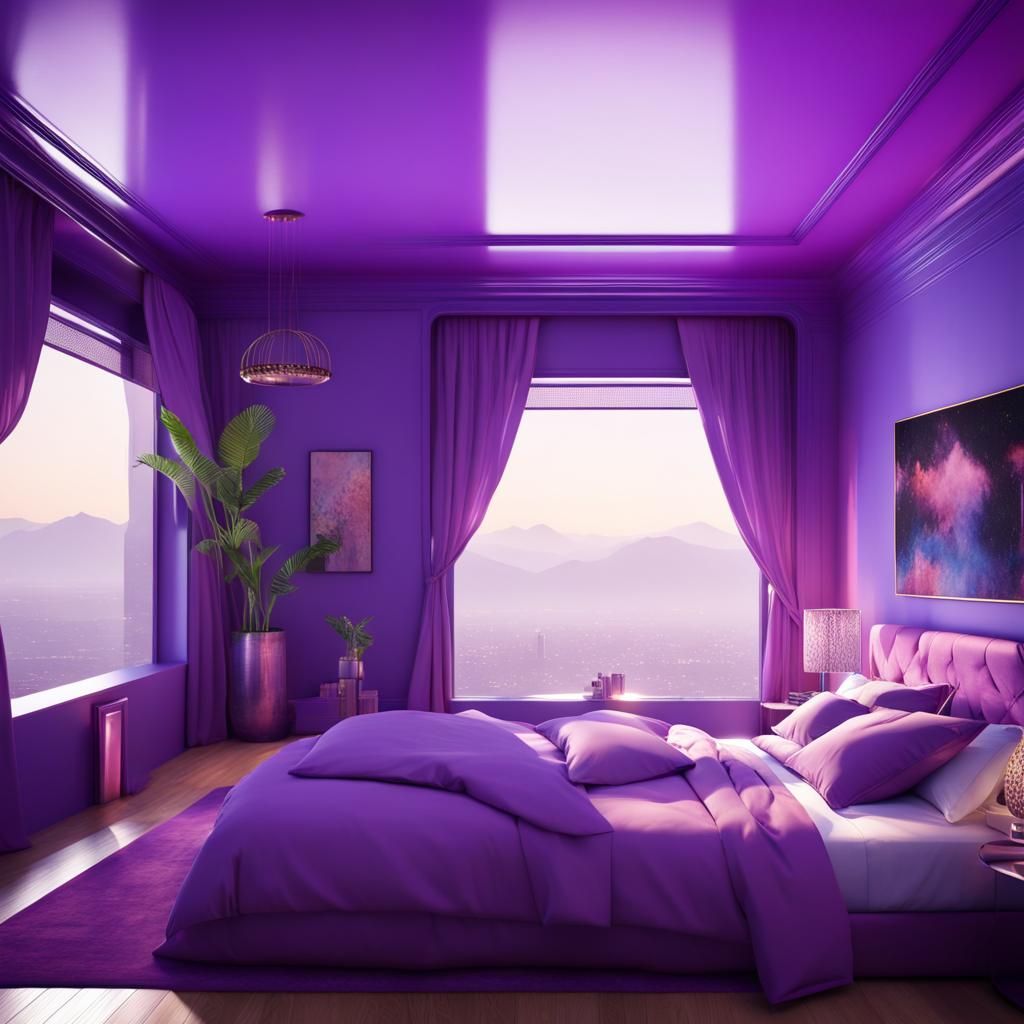 Luxurious bedroom purple walls and magenta ceiling with beautiful view and purple bed huge windows was purple curtains& ...
