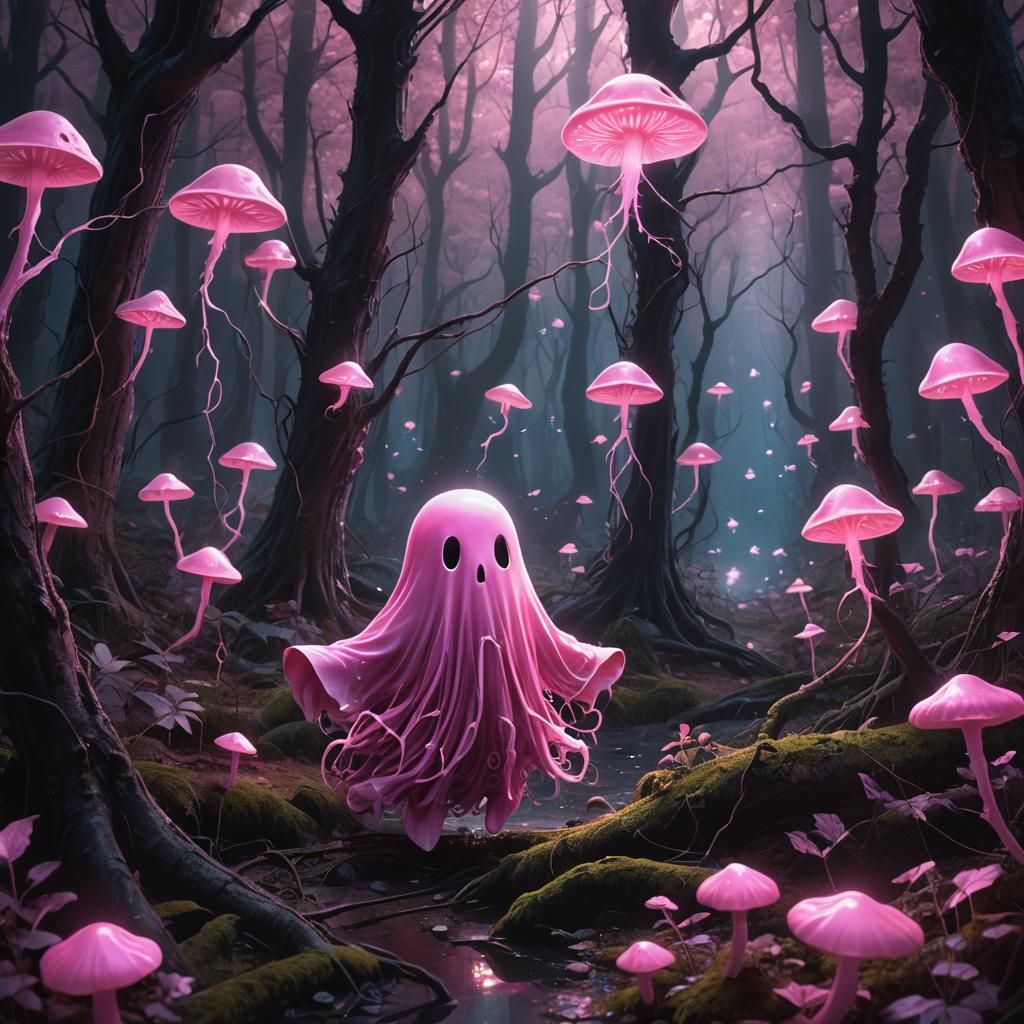 Cute Pink Ghost in Eerie Forest
