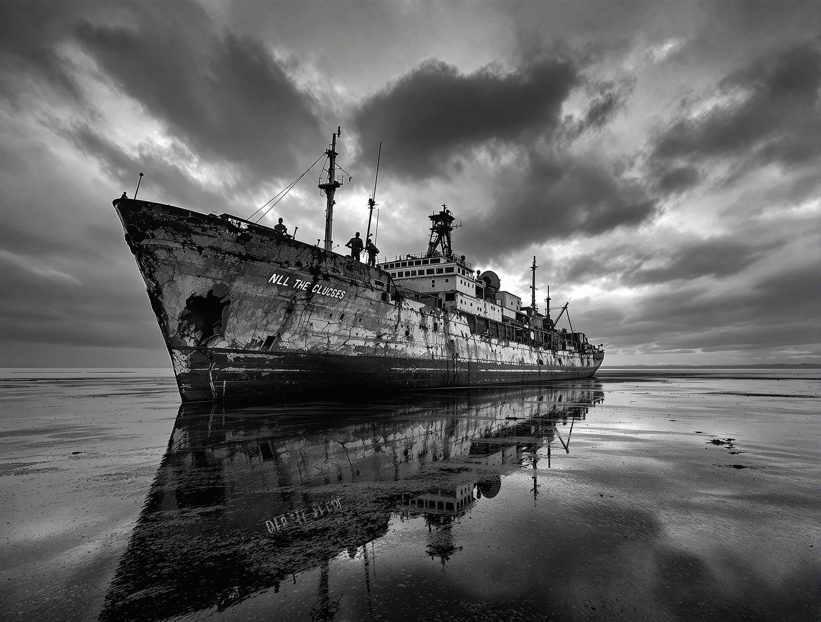 Weathered Industrial Vessel in Dark Waters
