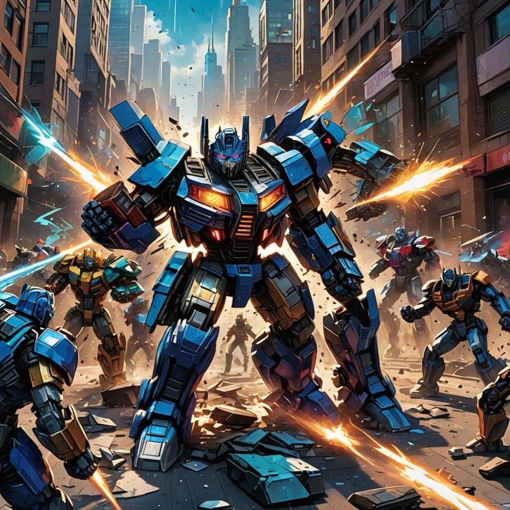 Transformers Battle Scene in Comic Book Style