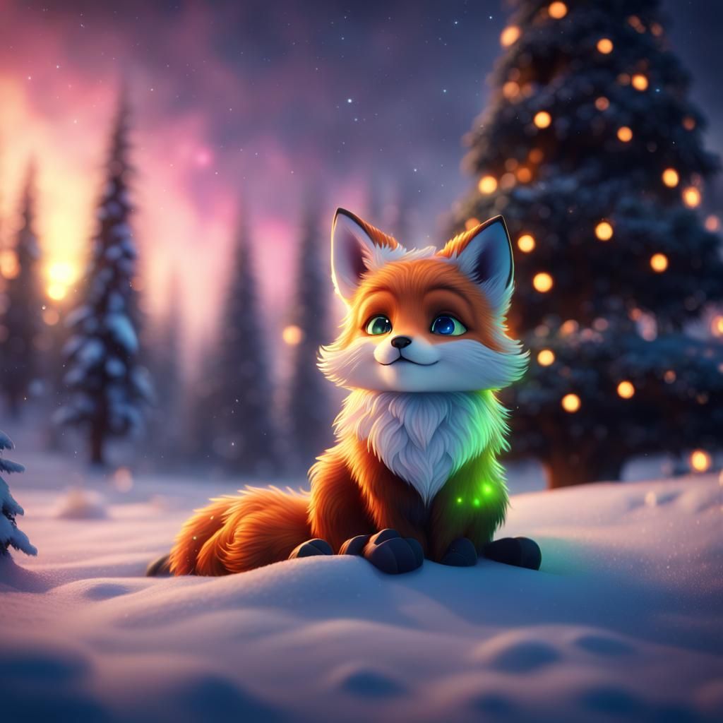 Snow Fox Gazing at Aurora: Detailed Matte Painting