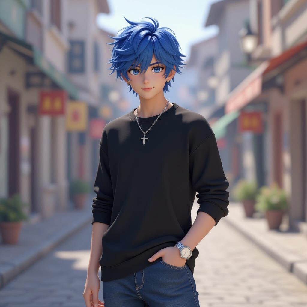 Anime Boy with Flowing Blue Hair