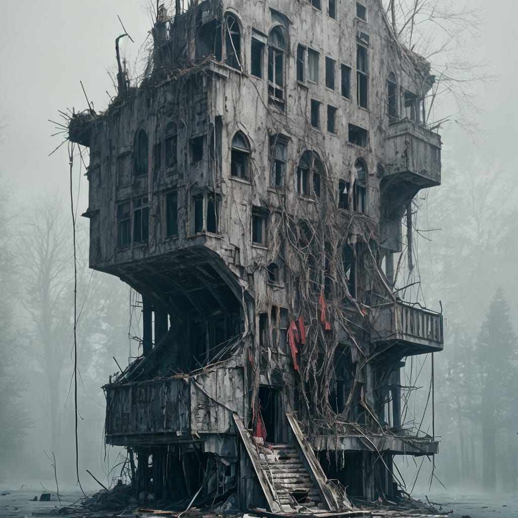 Cyberpunk Village: Dogs in a Dark, Surreal Landscape