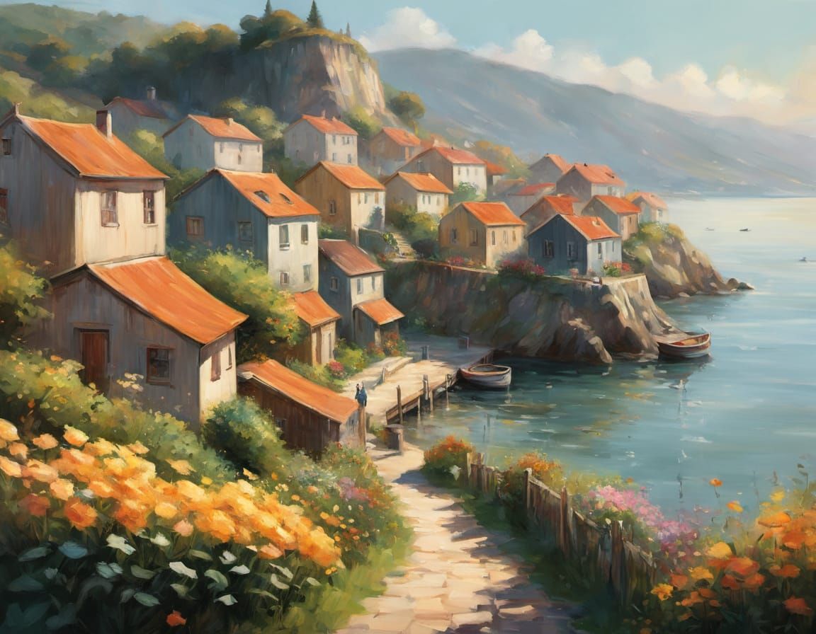 Coastal Village at Sunrise in Earthy Tones