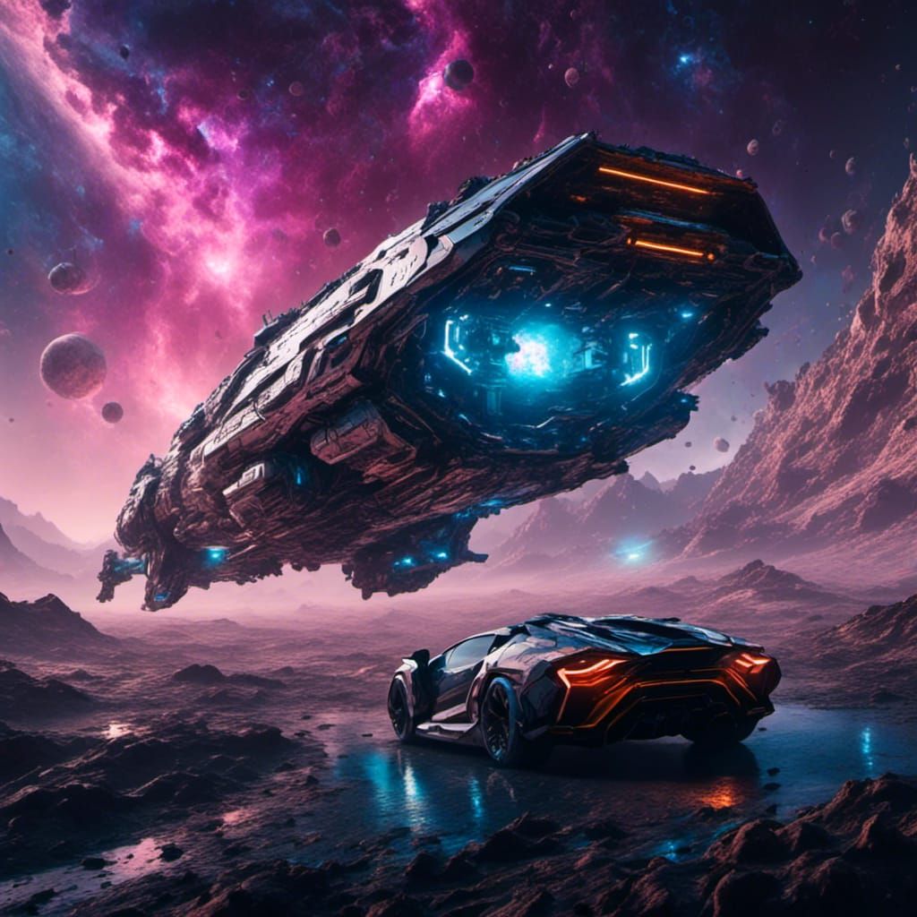 Cyberpunk Lamborghini Spaceship Floating in Space