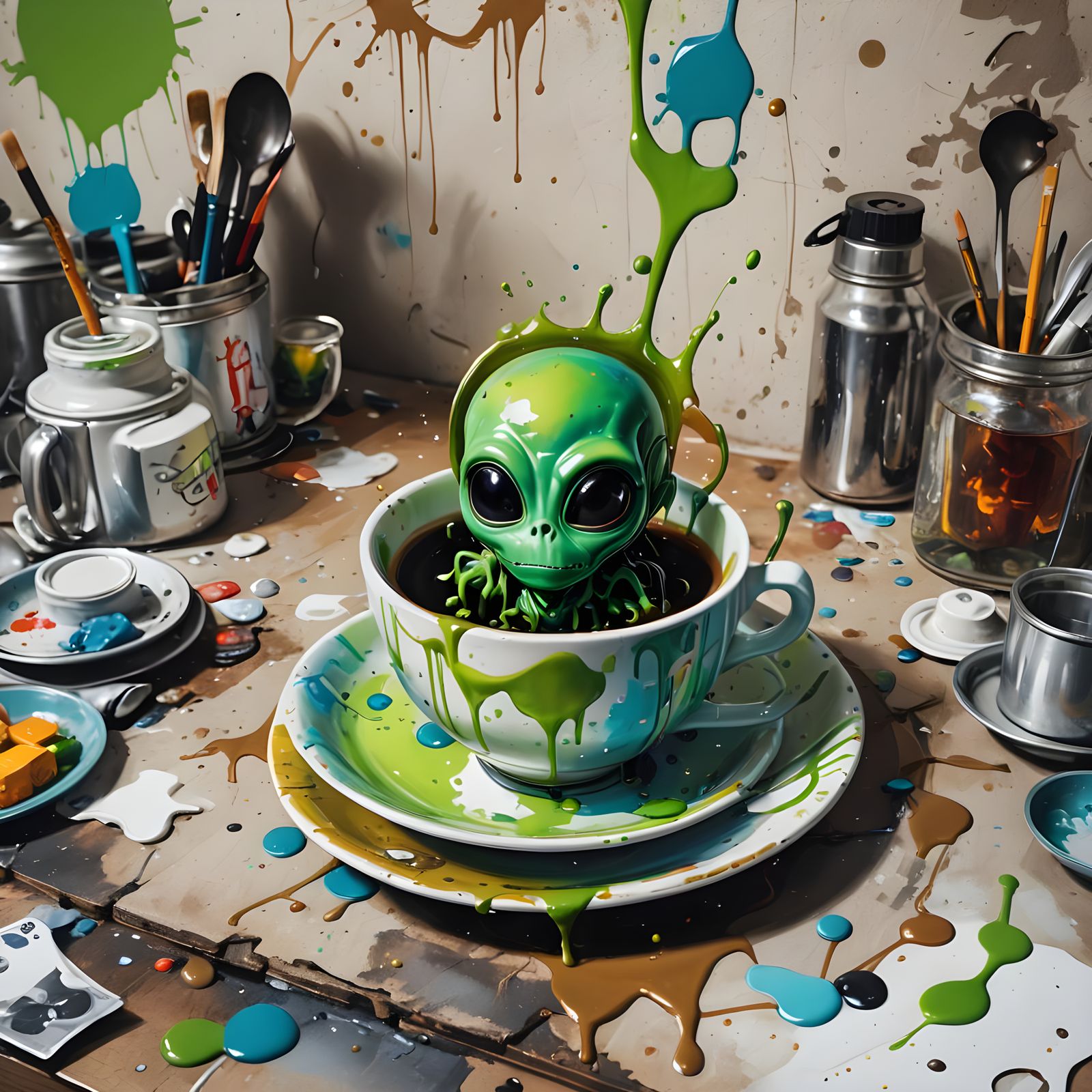 Green Alien Enjoying Tea: Graffiti Art Style