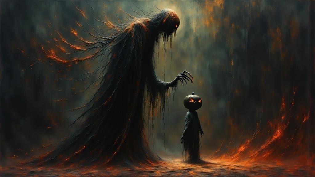 Eerie Halloween Creature in Dark Oil Painting Style