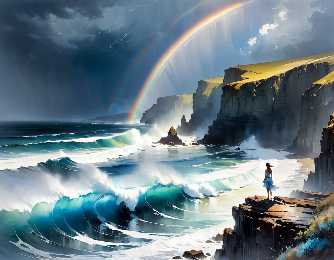 Coastal Figure Watching Rainbow in Ink Wash Style