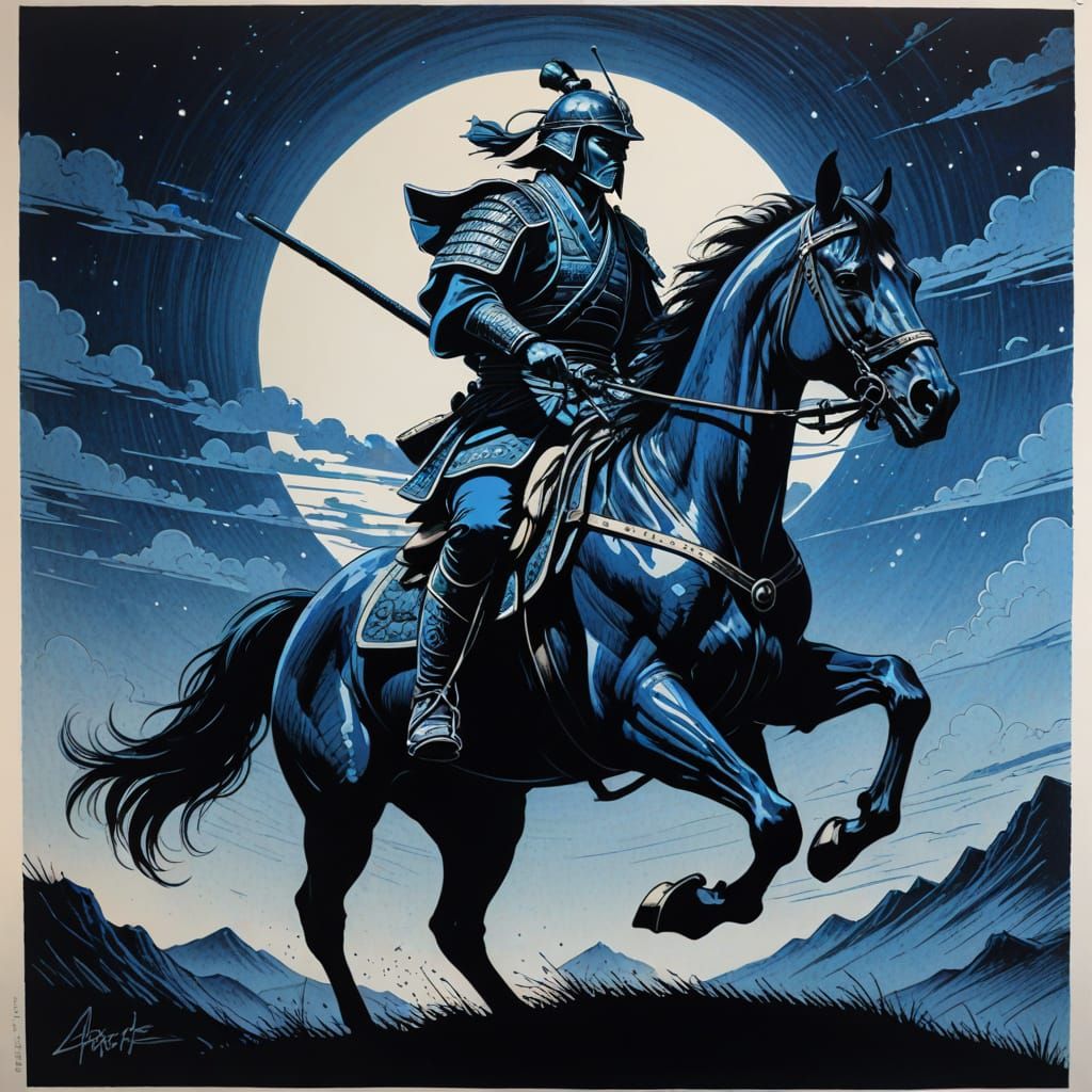 Samurai on Horseback: Classic Pencil Sketch in Neon Blue